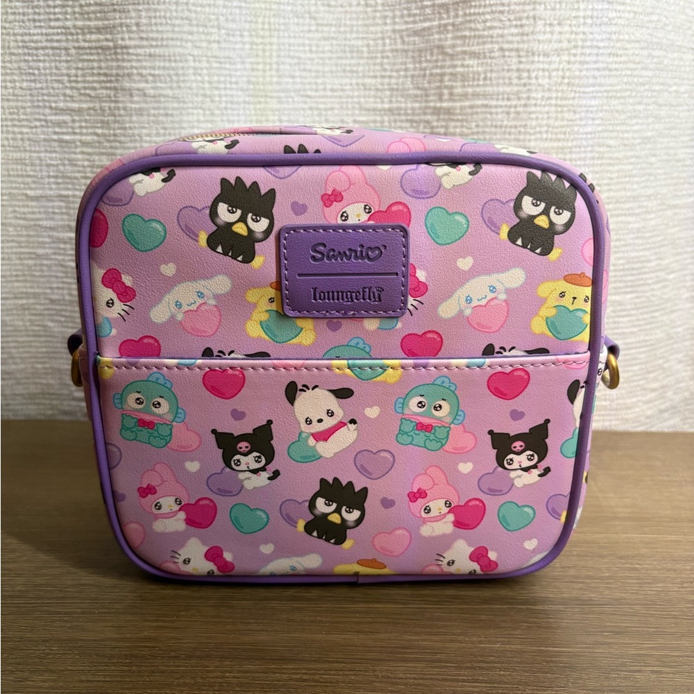 Sanrio Mini Crossbody Bag in Pink and Purple with Character Heart Print